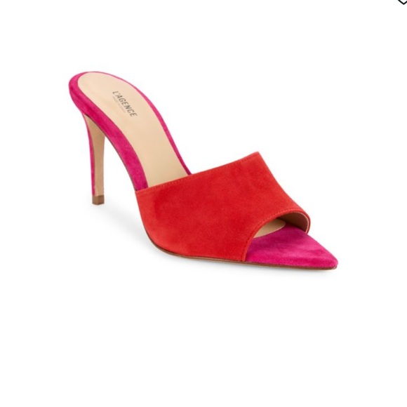 L'AGENCE Pink Red Lolita Suede Open Toe Pumps size 38.5 euro - Picture 1 of 7